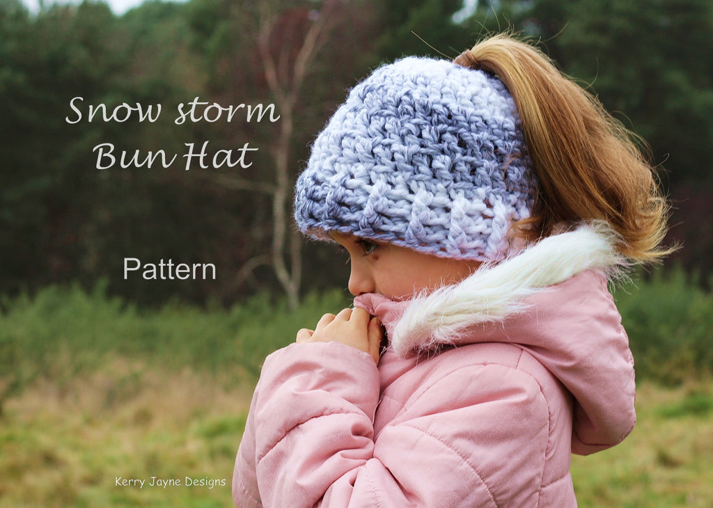 Snow Storm Messy Bun hat crochet pattern USA Kerry Jayne Designs Ltd