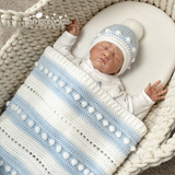 Blue and whte baby blanket and hat