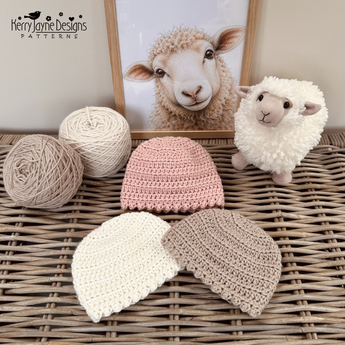 A display of crochet hats in pretty colours 