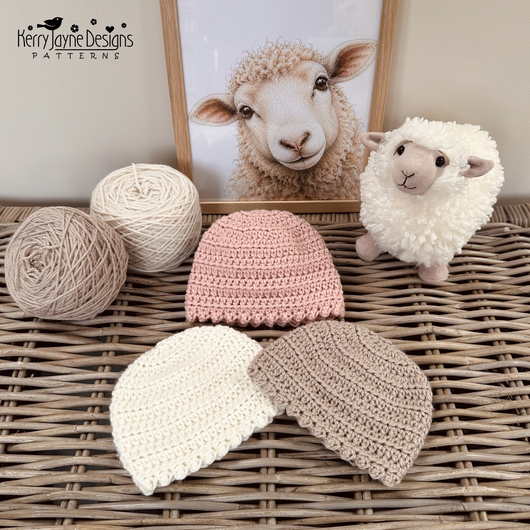 A display of crochet hats in pretty colours 