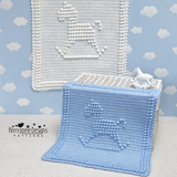 A bue and a white Rocking horse baby blanket in a display